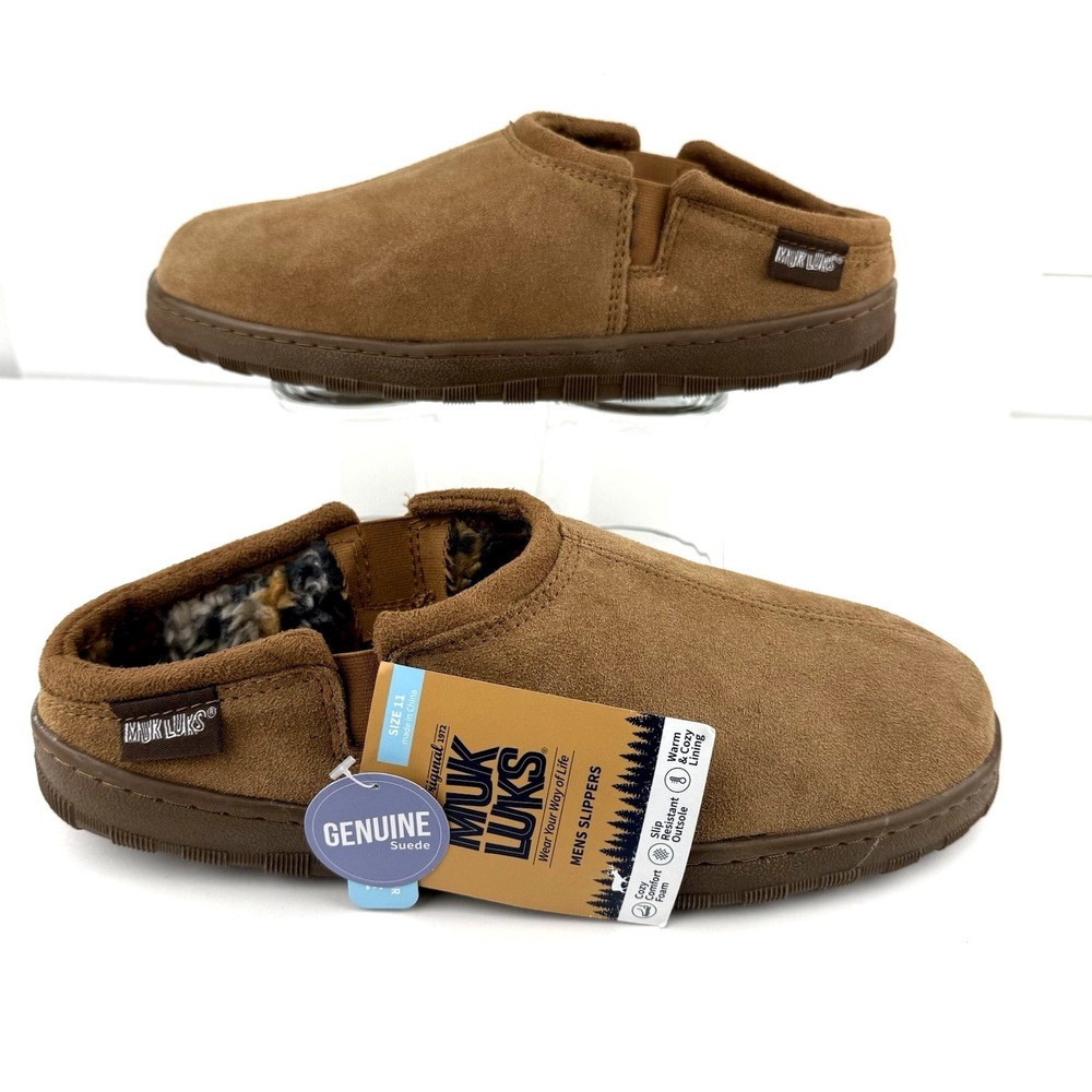 New Muk Luks Slipper Slide Shoe Mens US 11 Tan Suede Leather Plush Fleece Lined